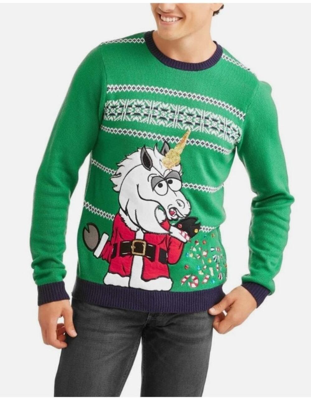 Jolly Sweaters Glitzy Unicorn Ugly Sweater w/ Sequin & Jewels - Size Medium